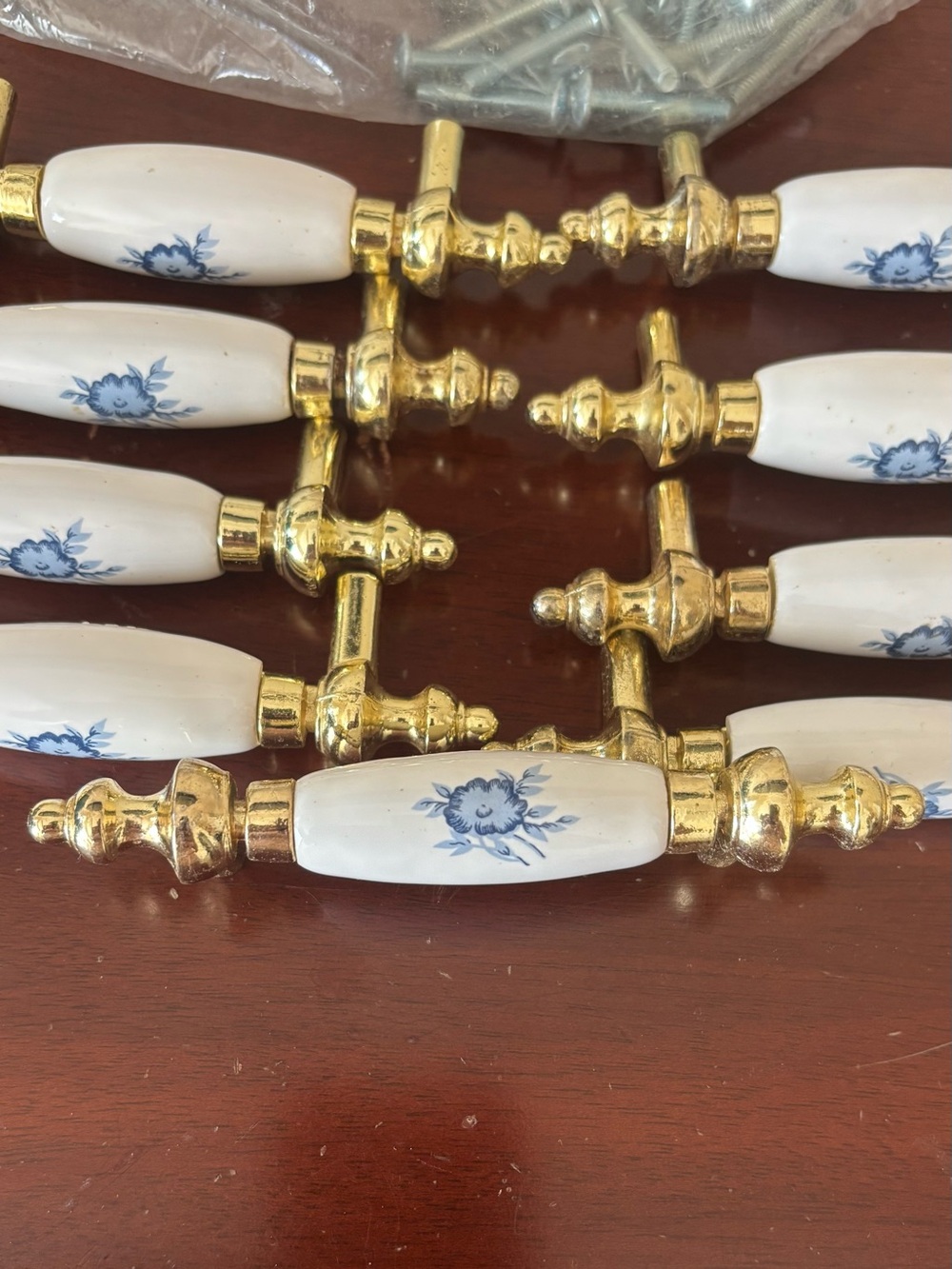 Porcelain Blue Floral and Brass Cabinet Pulls - Elegant White and Blue Hardware